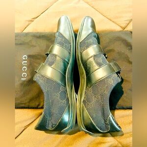 Gucci Pelle Gomma Trainers Sneakers Men G 40 1/2 BLACK Leather Monogram Low Top